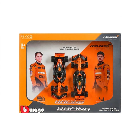 Edição Dupla McLaren MCL38 Miami GP (2024): Box com 2 Carros Bburago 1:43