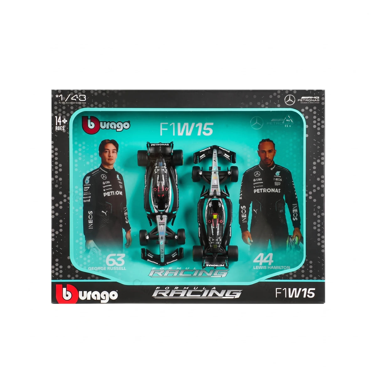 Edição Dupla Mercedes W15 (2024): Box com 2 Carros Bburago 1:43